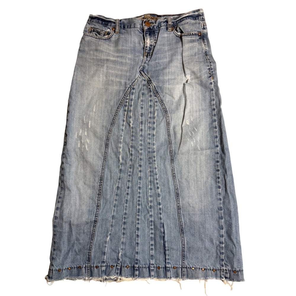 VTG Old Navy Special Edition Denim Maxi Skirt Light Wash Studded Raw Hem Size 8